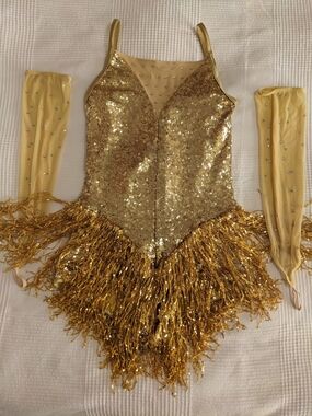 Weissman Gold Sequin Fringe Dance Costume with point gloves. Youth